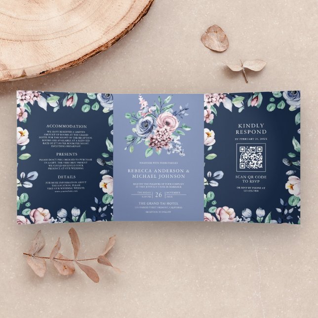 Invitación Tríptica Boda de código QR de la Marina Floral Rosa Dusty P (Subido por el creador)