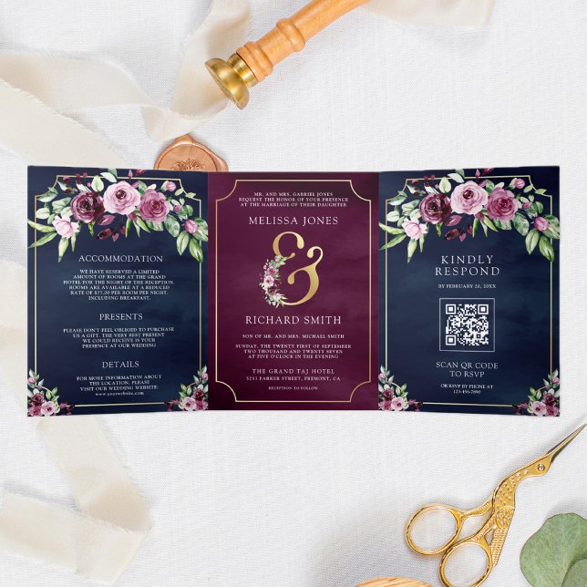 Invitación Tríptica Boda de código QR de la Marina y la Ampersa floral (Subido por el creador)