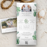 Invitación Tríptica Boda de código QR de la palma plateada tropical<br><div class="desc">Sorprenda a sus invitados con esta elegante invitación de boda con hermosas hojas de palma de monstera con código QR para RSVP en línea. Simplemente agregue los detalles de su evento en esta plantilla fácil de usar y adorne esta tarjeta con sus fotos favoritas para convertirla en una invitación única....</div>