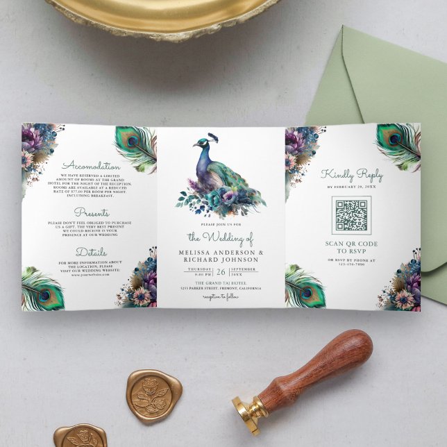 Invitación Tríptica Boda de código QR de la pluma acuática de pavo rea (Subido por el creador)
