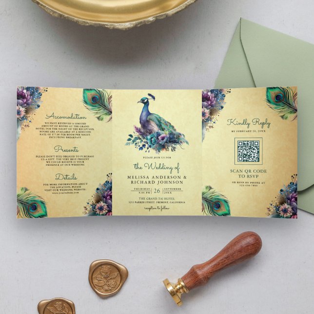 Invitación Tríptica Boda de código QR de la pluma floral de pavo real (Subido por el creador)
