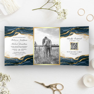 Invitación Tríptica Boda de código QR de la tinta del resumen del oro