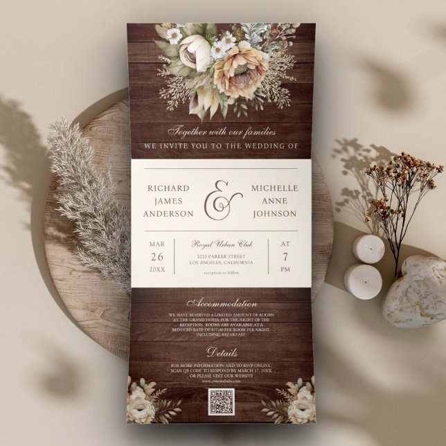 Invitación Tríptica Boda de código QR de madera de crema floral de tie (Subido por el creador)