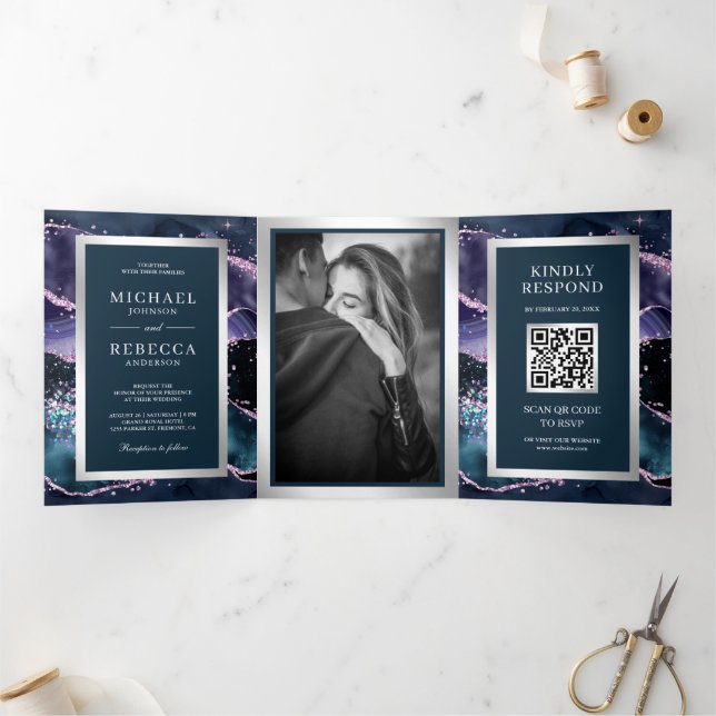 Invitación Tríptica Boda de código QR de mármol azul y malva (Interior)