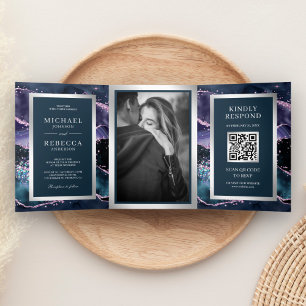 Invitación Tríptica Boda de código QR de mármol azul y malva