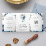 Invitación Tríptica Boda de código QR de Mason Jar de Peony Azul y Bla<br><div class="desc">Sorprenda a sus huéspedes con esta elegante invitación de boda, que incluye flores hermosas y tipografía moderna con código QR para RSVP en línea. Simplemente agregue los detalles de su evento en esta plantilla fácil de usar y adorne esta tarjeta con sus fotos favoritas para convertirla en una invitación única....</div>