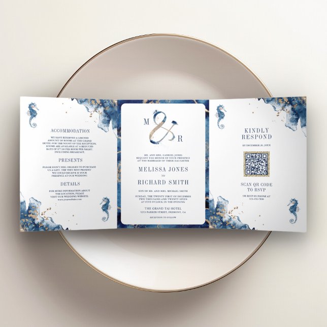 Invitación Tríptica Boda de código QR de monograma de la Marina Náutic (Subido por el creador)