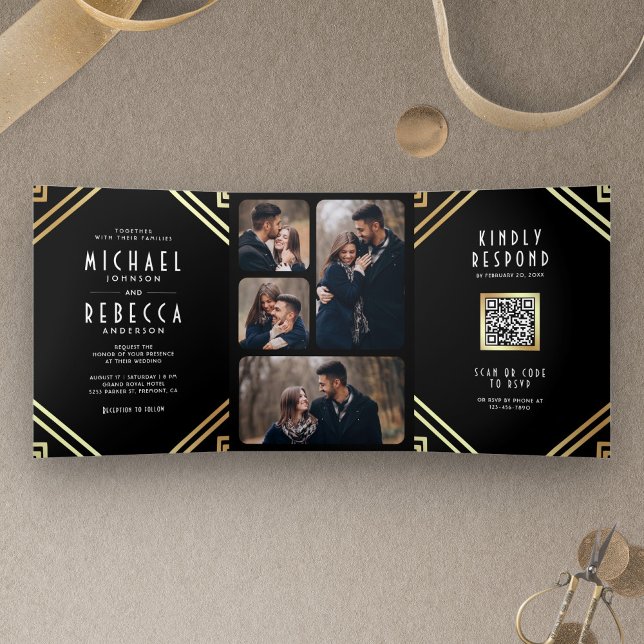 Invitación Tríptica Boda de código QR de oro negro geométrico Art Deco (Subido por el creador)