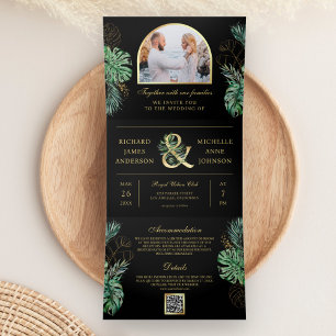 Invitación Tríptica Boda de código QR de oro tropical Monstera Palm Ne
