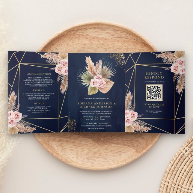 Invitación Tríptica Boda de código QR de rosas rosadas polvorientas az (Subido por el creador)