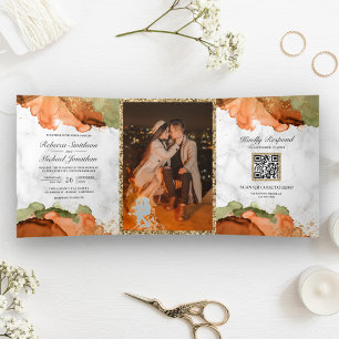 Invitación Tríptica Boda de Código QR de Tinta Abstracta de Terracota 