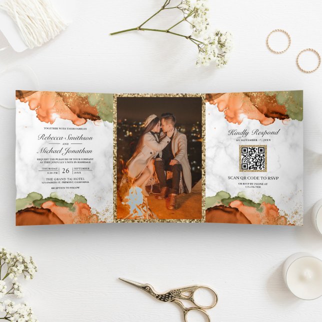 Invitación Tríptica Boda de Código QR de Tinta Abstracta de Terracota  (Subido por el creador)
