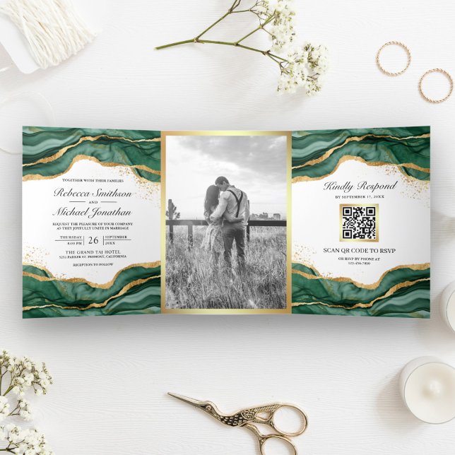 Invitación Tríptica Boda de Código QR de Tinta Abstracta Dorada Verde  (Subido por el creador)
