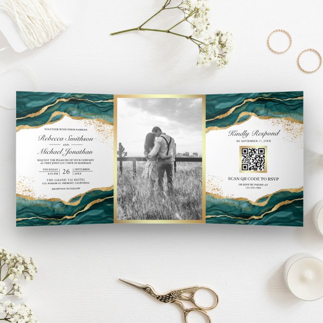 Invitación Tríptica Boda de código QR de tinta de resumen de oro verde (Subido por el creador)