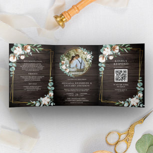 Invitación Tríptica Boda de código QR del algodón de oro de madera rús