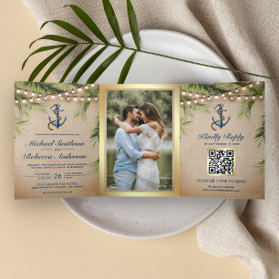 Invitación Tríptica Boda de código QR del Ancla de Palm Tropical Rústi