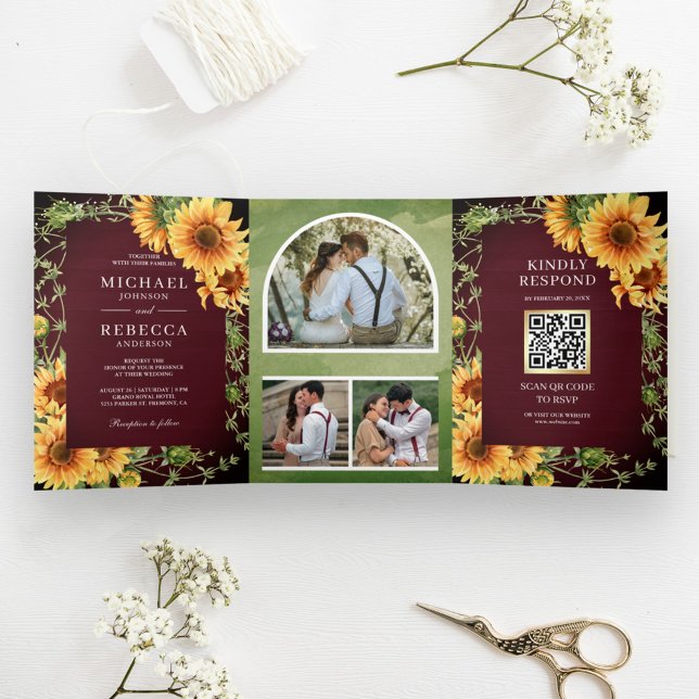 Invitación Tríptica Boda de código QR del Arco de la foto del girasol  (Subido por el creador)
