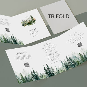 Invitación Tríptica Boda de código QR del bosque de pino verde de mont