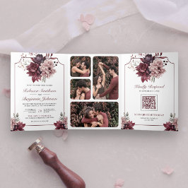 Invitación Tríptica Boda de código QR del marco floral de Borgoña rosa
