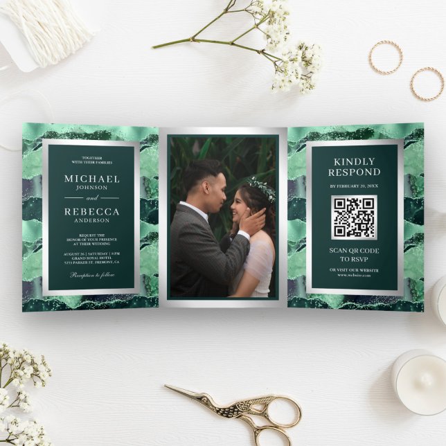 Invitación Tríptica Boda de código QR del Purpurina verde marino Agble (Subido por el creador)