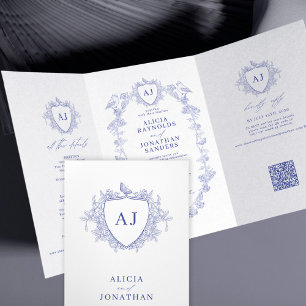Invitación Tríptica Boda de código QR floral azul clásico francés