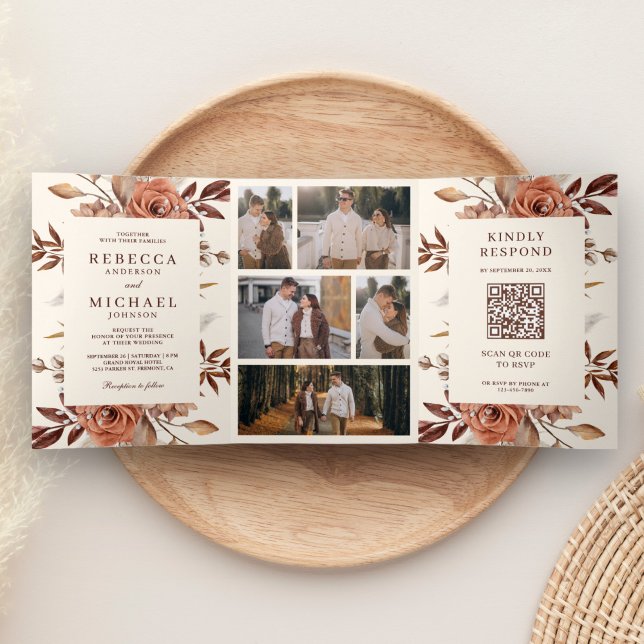 Invitación Tríptica Boda de código QR floral crema y terracota (Subido por el creador)