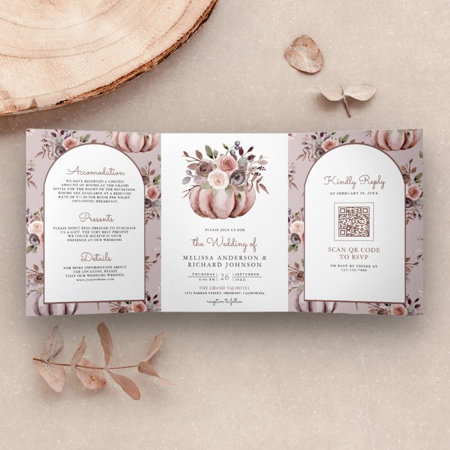 Invitación Tríptica Boda de código QR floral de calabaza neutra de Boh (Subido por el creador)
