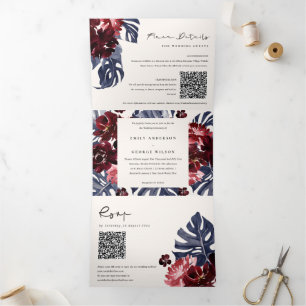 Invitación Tríptica Boda de código QR floral de Maroon Monstera Marina