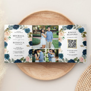 Invitación Tríptica Boda de código QR floral melocotón azul marino tod
