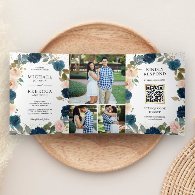 Invitación Tríptica Boda de código QR floral melocotón azul marino tod (Subido por el creador)