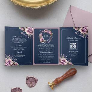 Invitación Tríptica Boda de código QR floral púrpura polvoriento rústi
