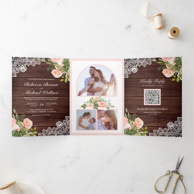 Invitación Tríptica Boda de código QR floral rosa de Rubor Rústico Woo (Interior)