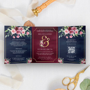 Invitación Tríptica Boda de código QR floral rosa Marsala y naval Ampe