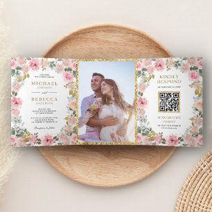 Invitación Tríptica Boda de código QR floral rosa rústico y dorado