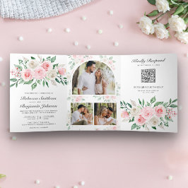 Invitación Tríptica Boda de código QR floral rosa sonrojado todo en un