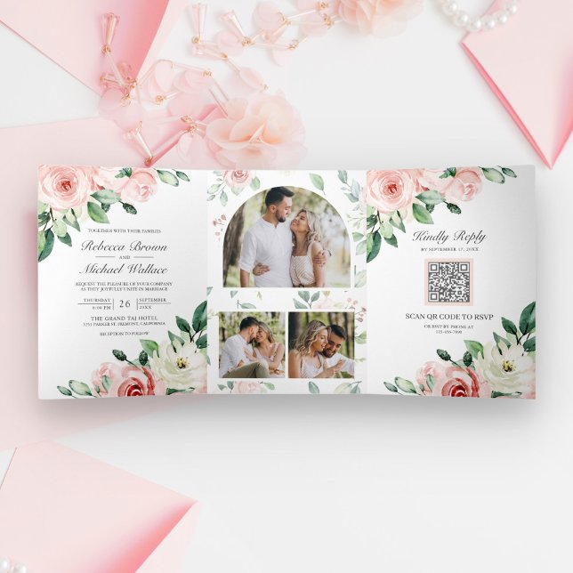 Invitación Tríptica Boda de código QR floral rosa sonrojado todo en un (Subido por el creador)