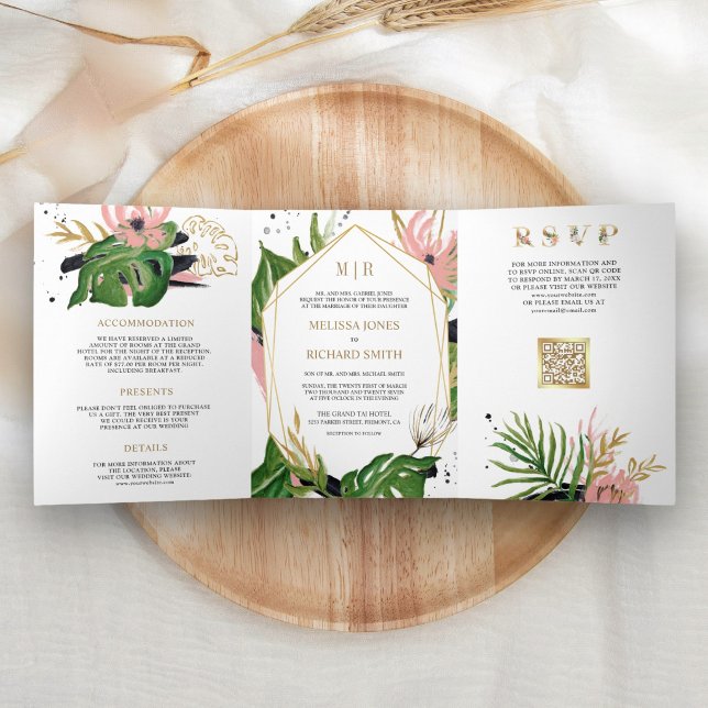 Invitación Tríptica Boda de código QR floral rosa Tropical Gold (Subido por el creador)