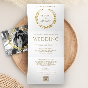 Invitación Tríptica Boda de código QR minimalista con laurel de oro bl