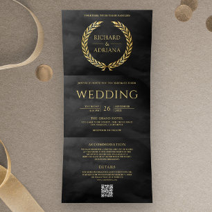 Invitación Tríptica Boda de código QR minimalista de laurel dorado gri