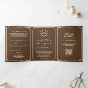 Invitación Tríptica Boda de código QR monograma marrón chocolate y bla