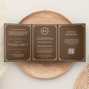 Invitación Tríptica Boda de código QR monograma marrón chocolate y bla