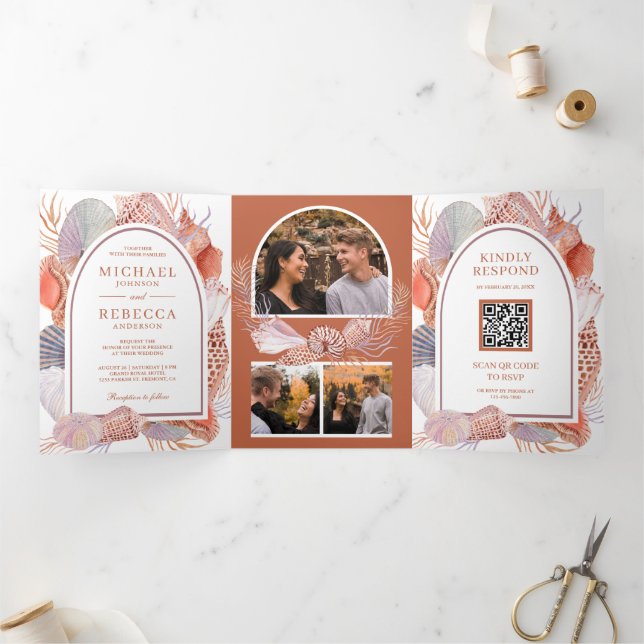Invitación Tríptica Boda de código QR Nautical Boho Seasheles Rústicas (Interior)