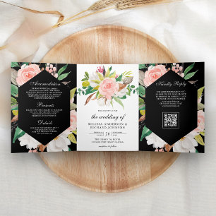 Invitación Tríptica Boda de código QR negro floral rosa magnolia blanc