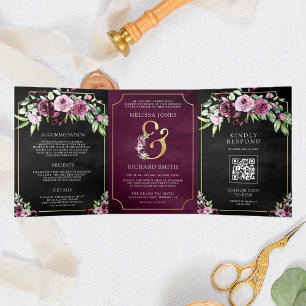 Invitación Tríptica Boda de código QR negro y de marca floral de cirue
