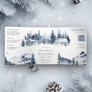 Invitación Tríptica Boda de código QR para bosques de pino de invierno
