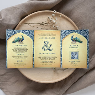 Invitación Tríptica Boda de código QR para paisley azul marino indio