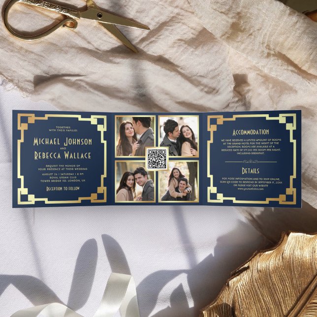 Invitación Tríptica Boda de código QR Square Art Deco Frame Navy Gold (Subido por el creador)