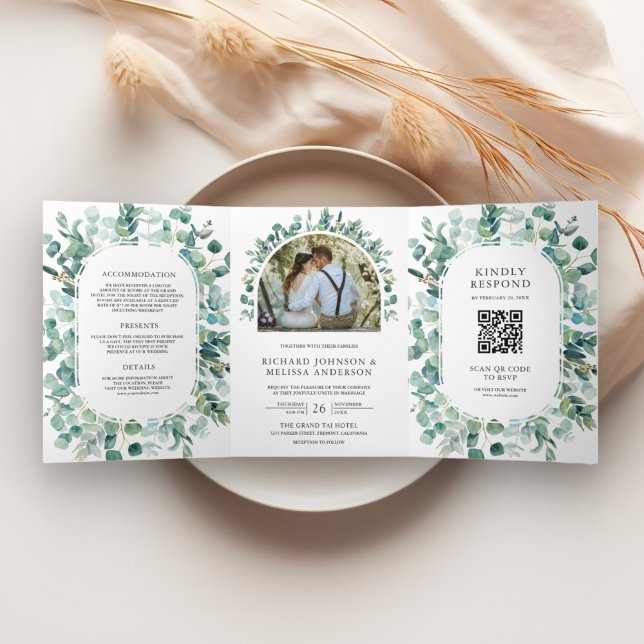 Invitación Tríptica Boda de código QR todo en uno de eucalipto rústico (Subido por el creador)