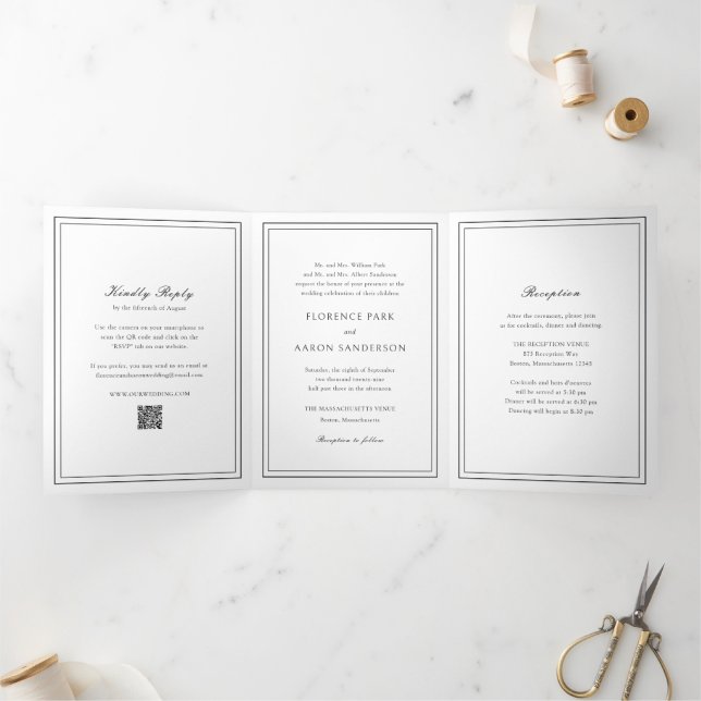 Invitación Tríptica Boda de código QR tradicional en blanco y negro (Interior)