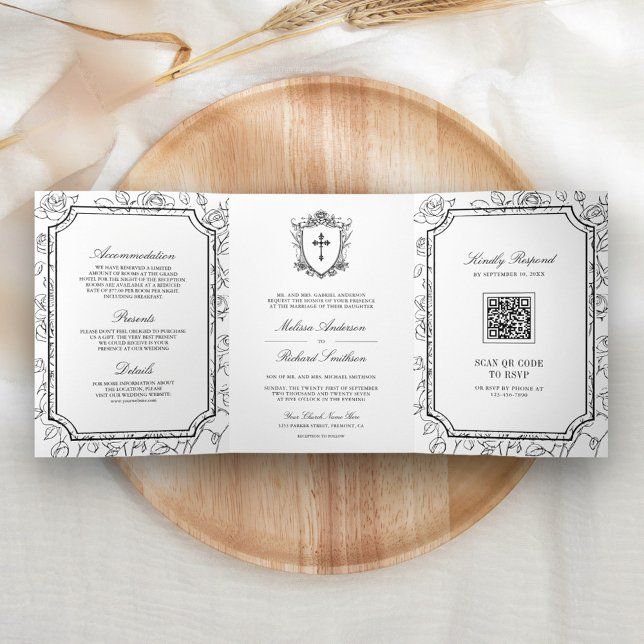Invitación Tríptica Boda de código QR victoriano católico blanco y neg (Subido por el creador)